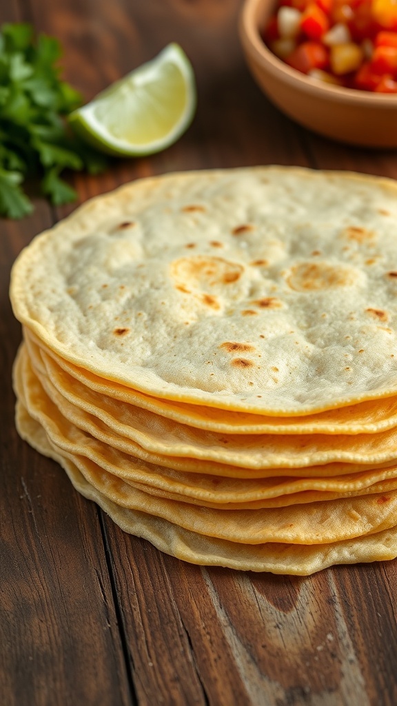 A stack of warm corn tortillas on a wooden table, with lime and salsa in the background.